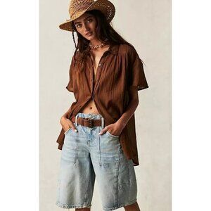 Free People Float Away Shirt Womens  Small Brown Button Down Tunic Pleated Boho